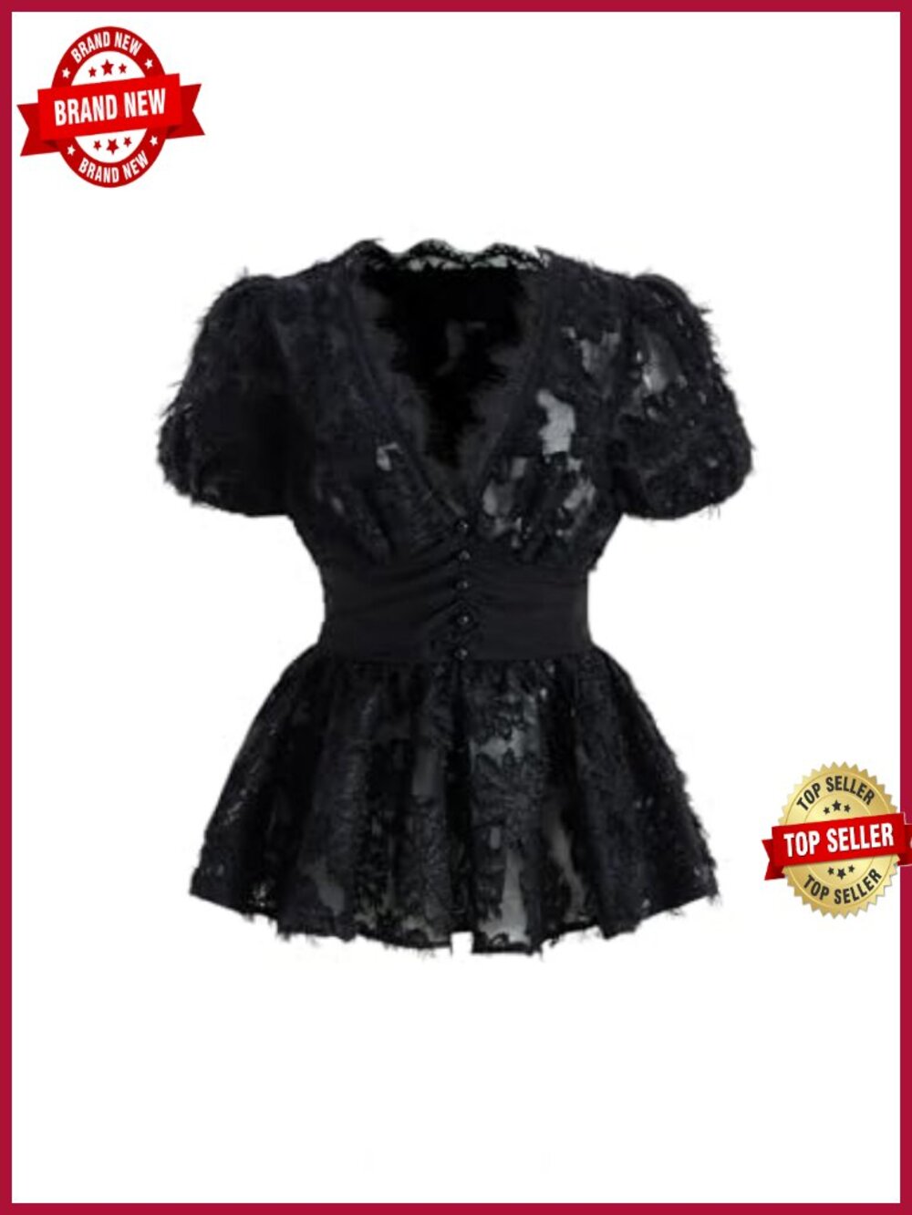 Lace Peplum Top Deep V Neck Ruched Blouse Puff Sleeve Going Out
